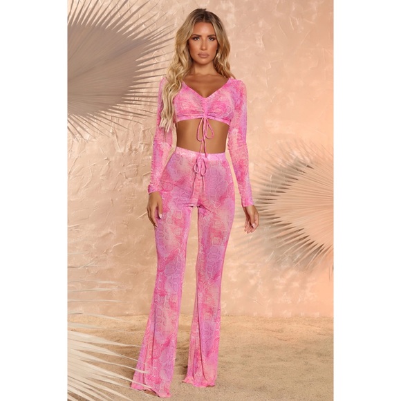 Pink Mesh 4 Piece Cover Up & Bikini Set XS New - Picture 5 of 6